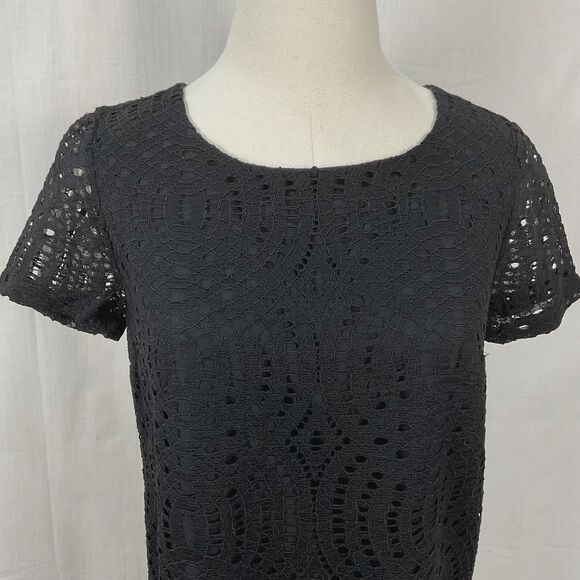 J Crew Black Lace Shirt Lined Keyhole button back S/Sleeve Top Blouse Sz O New - Picture 2 of 5